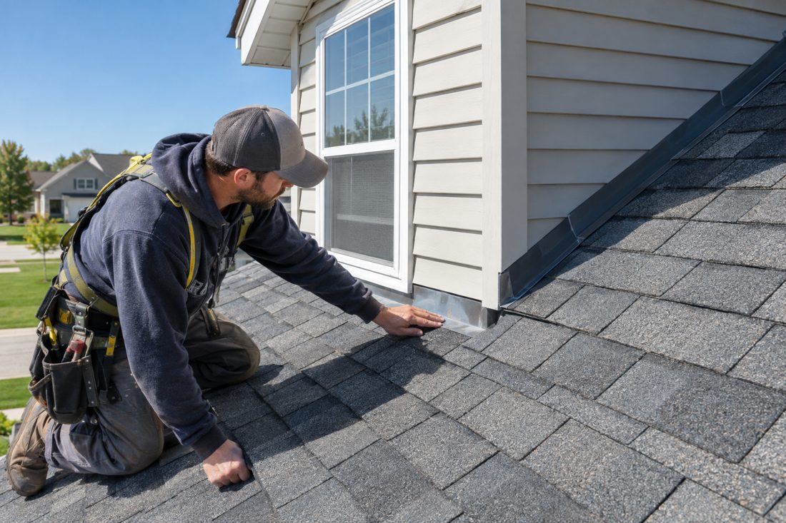 Close view of a roofer checking the shingle edge and flashing beside a dormer on a suburban Robins home in Robins, IA