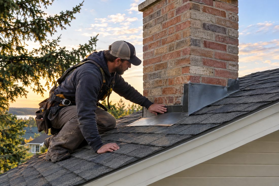 Close view of a roofer inspecting flashing around a chimney, with spruce branches and a bright sky behind the Motley home in Motley, MN
