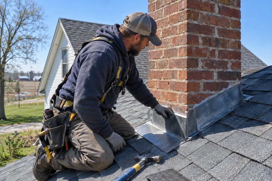 Close view of a roofer inspecting flashing beside a chimney on an older Pierz farmhouse, with shingles and tools visible in Pierz, MN
