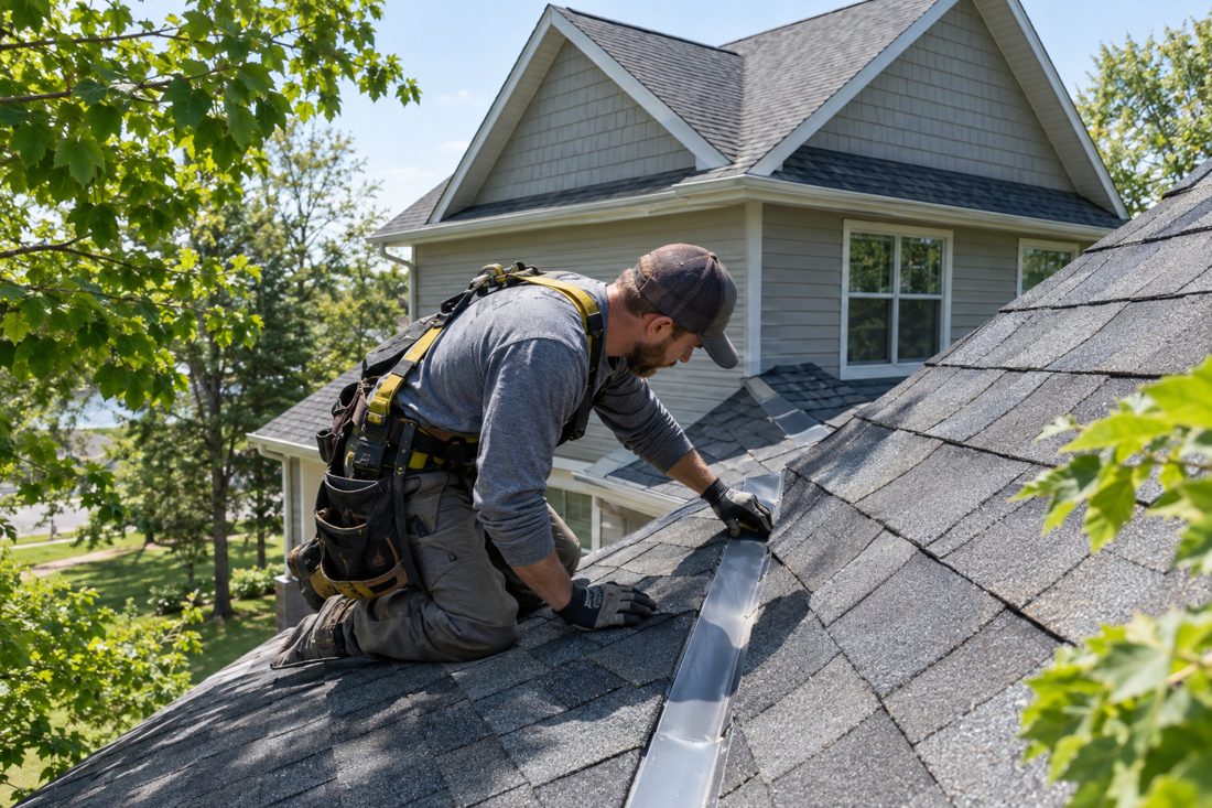 A close view of a roofer checking flashing beside a roof valley on a Sartell home, with shingles and leafy branches in frame in Sartell, MN