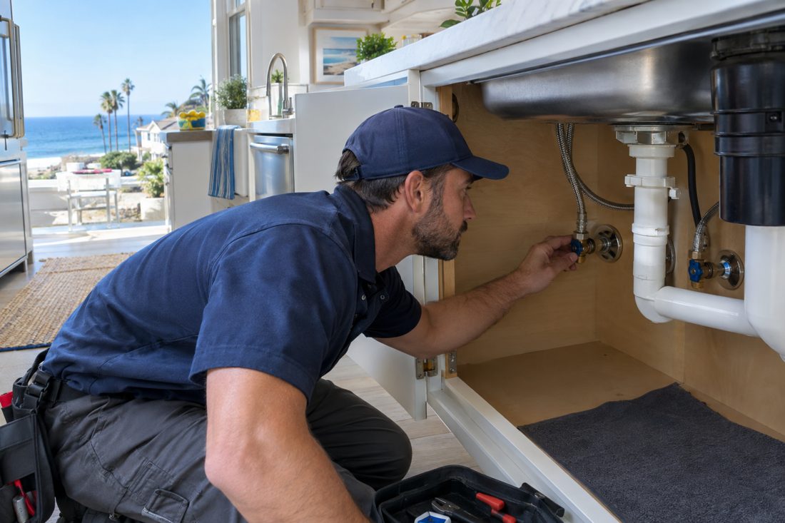 Close view of a plumber inspecting a shutoff valve beneath a remodeled kitchen sink in a Carlsbad coastal cottage in Carlsbad, CA
