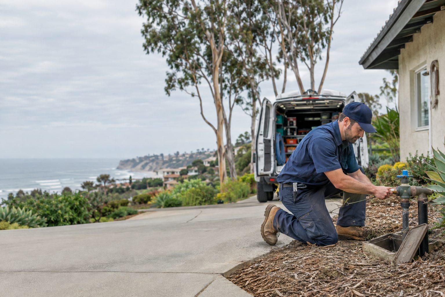 A plumber kneeling at the main water shutoff by the house, service van behind at a coastal Encinitas home with eucalyptus trees in Encinitas, CA