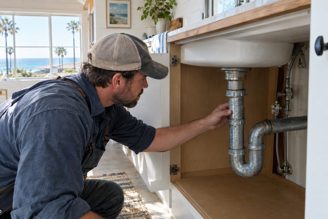 A close view of a plumber inspecting an exposed galvanized pipe beneath a remodeled cottage kitchen sink in Leucadia, CA