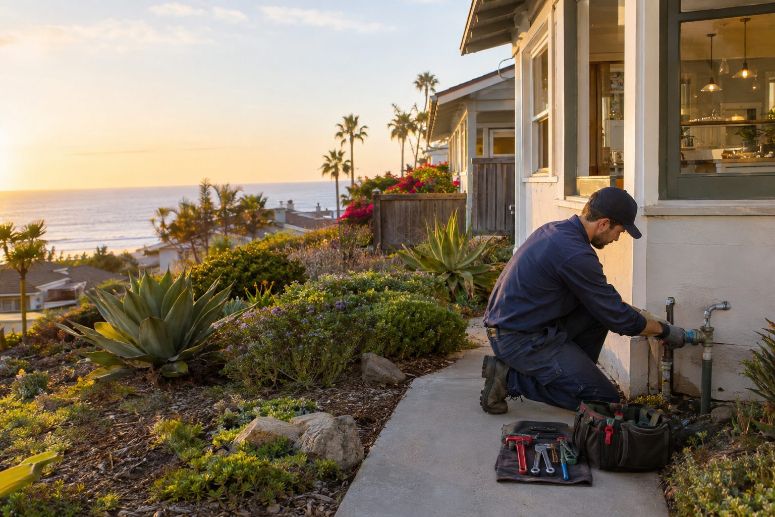 A licensed plumber checks an exterior water line beside an older Leucadia coastal cottage, with tools arranged neatly on the walkway in Leucadia, CA
