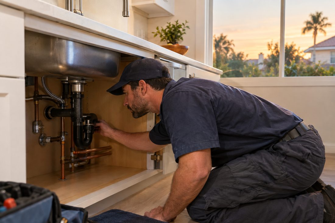 A plumber inspects exposed water lines beneath a kitchen sink inside a suburban New Encinitas home in New Encinitas, CA
