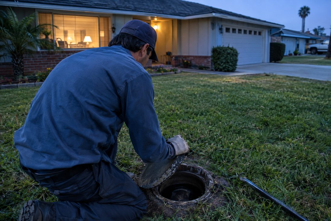 A plumber inspecting a sewer cleanout in the front yard at a 1980s Oceanside tract home in Oceanside, CA