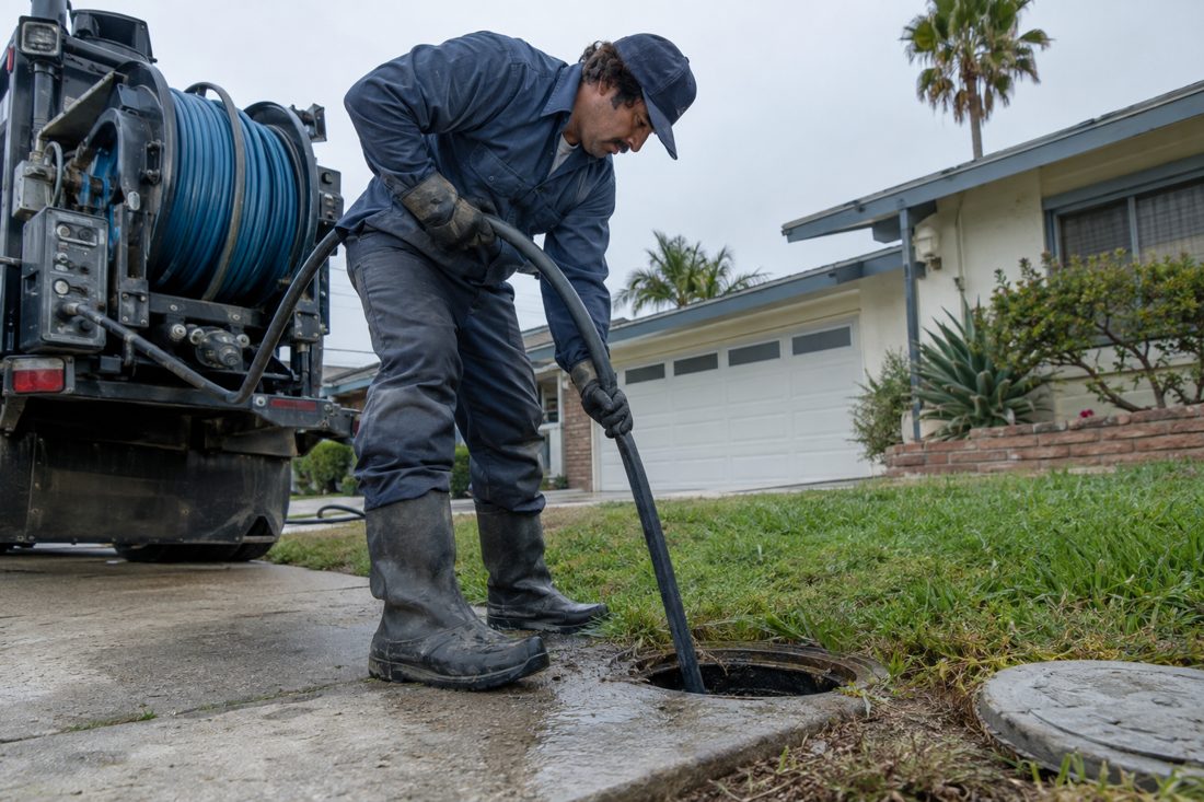 A hydro-jetting machine hose going into a cleanout at a 1980s Oceanside tract home in Oceanside, CA