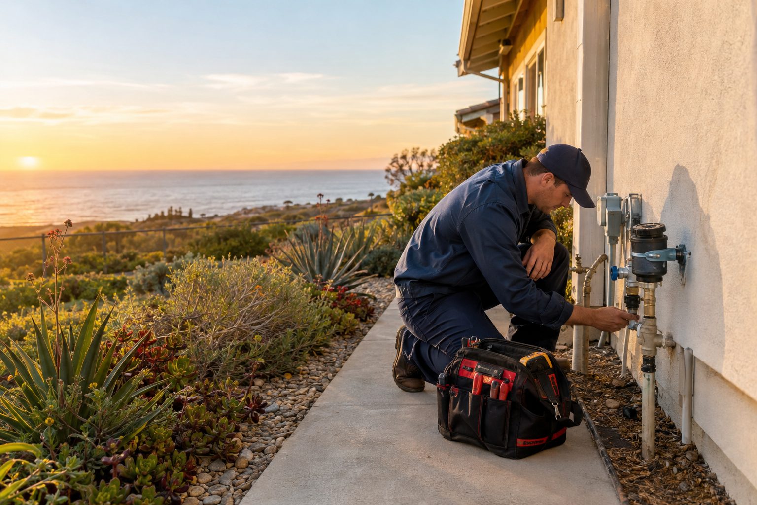 A licensed plumber checks an outdoor water connection beside a coastal Camp Pendleton home, with a tool bag on the walkway in Camp Pendleton, CA