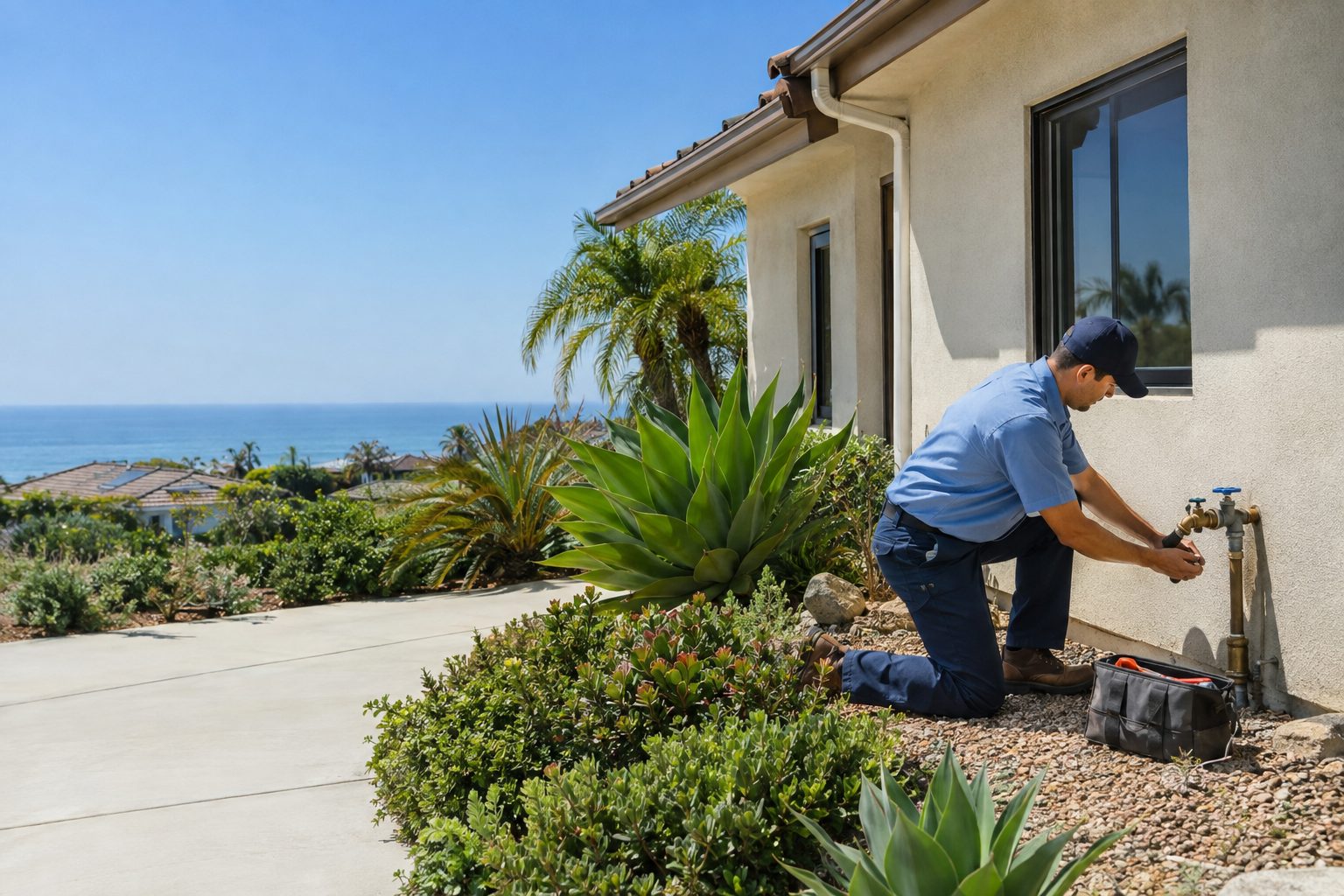 A licensed plumber checks an outdoor hose bib beside a stucco Carlsbad ranch home on a clear coastal morning in Carlsbad, CA