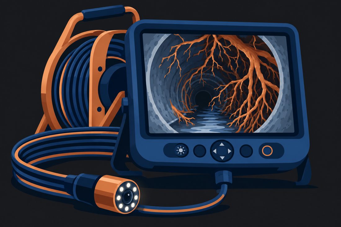 Illustration of a drain camera screen with roots for a Oceanside, CA home