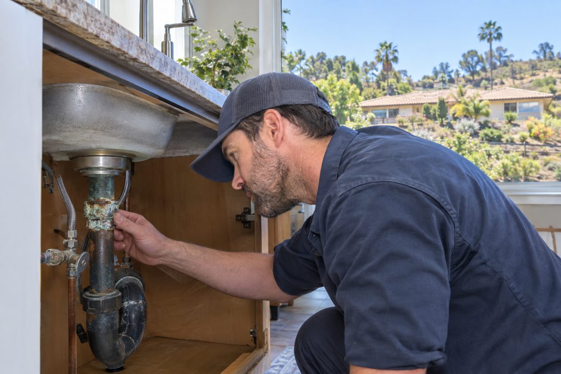 Close view of a plumber inspecting a corroded faucet connection beneath the kitchen sink in a Fallbrook ranch home in Fallbrook, CA