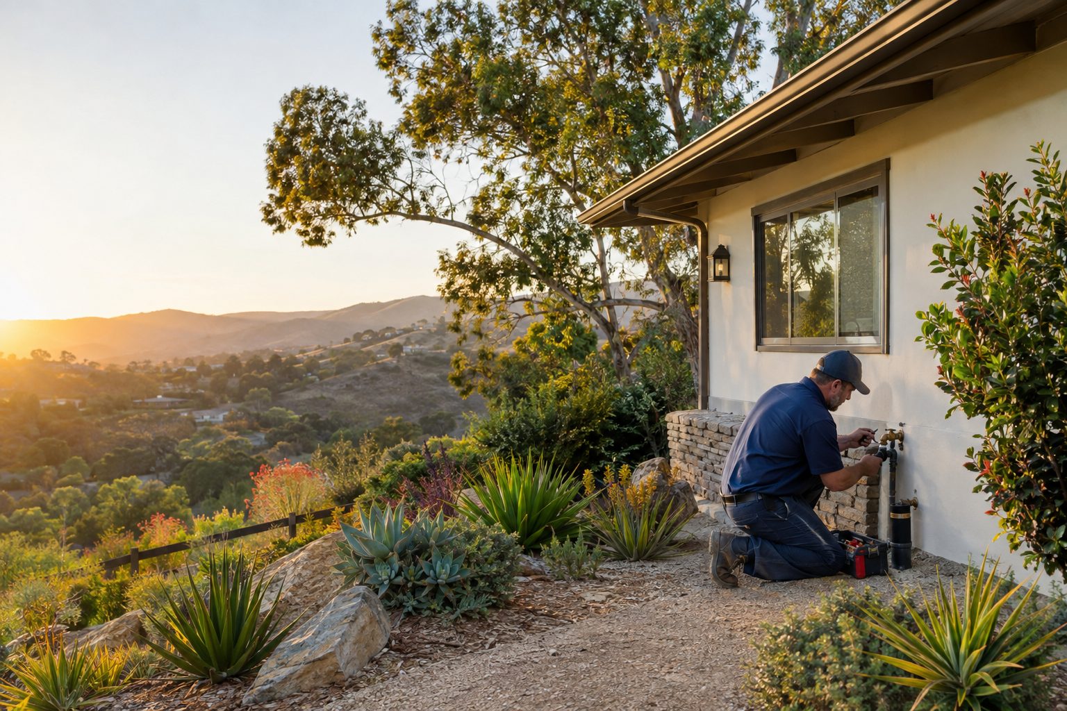 A plumber checks an exterior hose bib beside a single-story ranch home, with Fallbrook hills and mature trees in the background in Fallbrook, CA