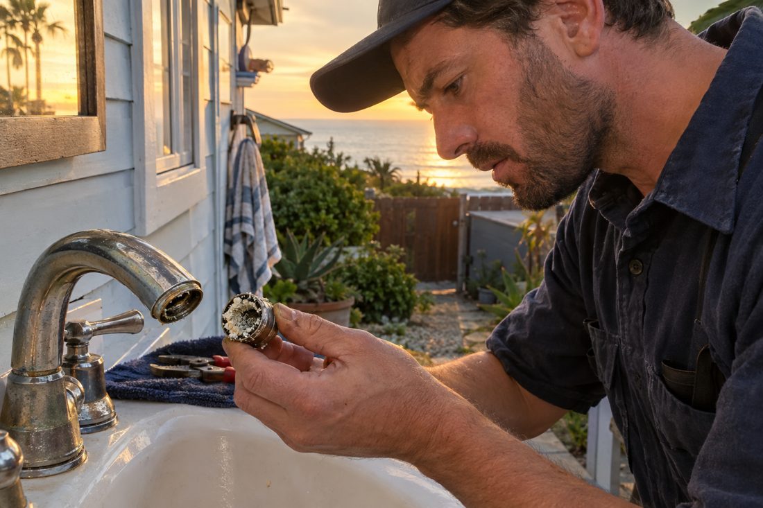 Close view of a plumber inspecting mineral buildup inside a bathroom faucet at a South Oceanside cottage in South Oceanside, CA