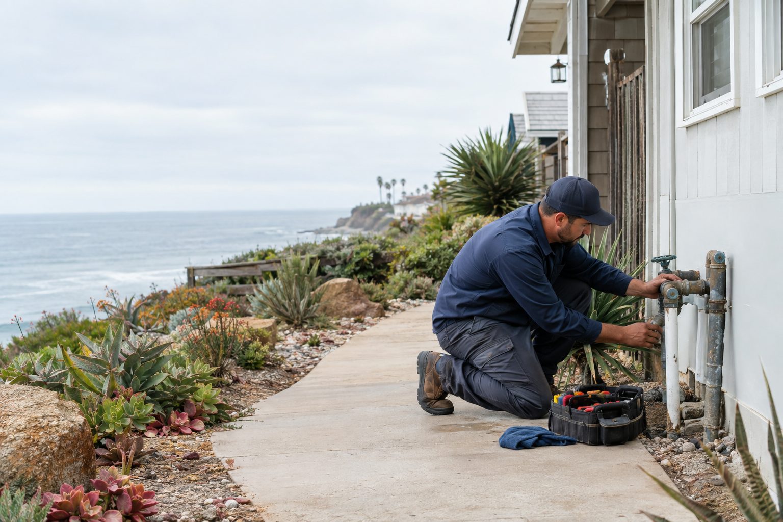 A plumber checks an outdoor water shutoff beside a South Oceanside coastal cottage, with tools set neatly on the walkway in South Oceanside, CA