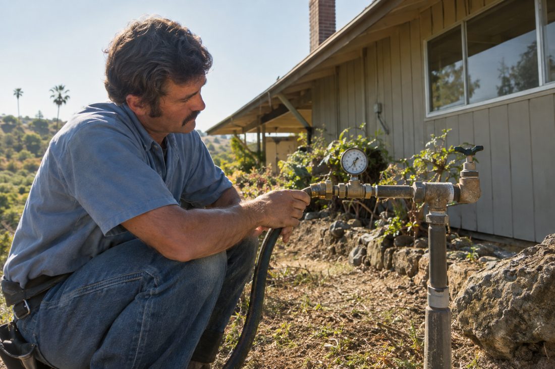 A plumber checking water pressure with a gauge on an outdoor spigot at a hillside 1970s ranch home in Vista, inland San Diego County in Vista, CA