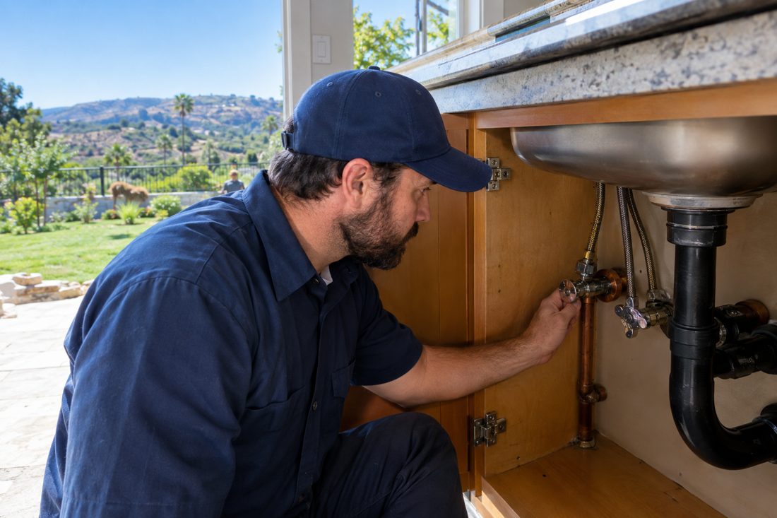 Close view of a plumber inspecting a shutoff valve beneath a kitchen sink in a Bonsall home in Bonsall, CA