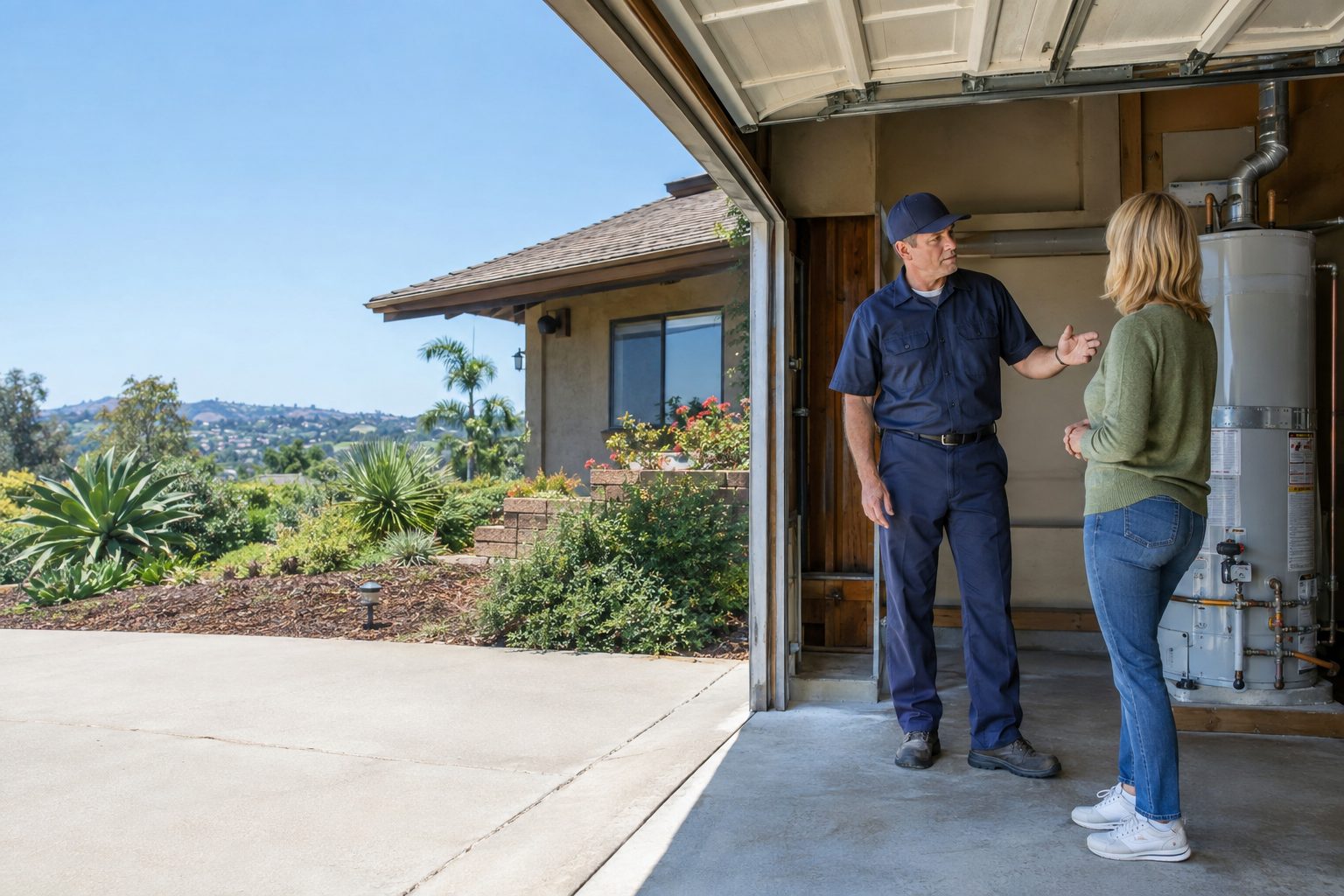 A plumber talking with a homeowner at the open garage beside the water heater at a hillside 1970s ranch home in Vista, inland San Diego County in Vista, CA