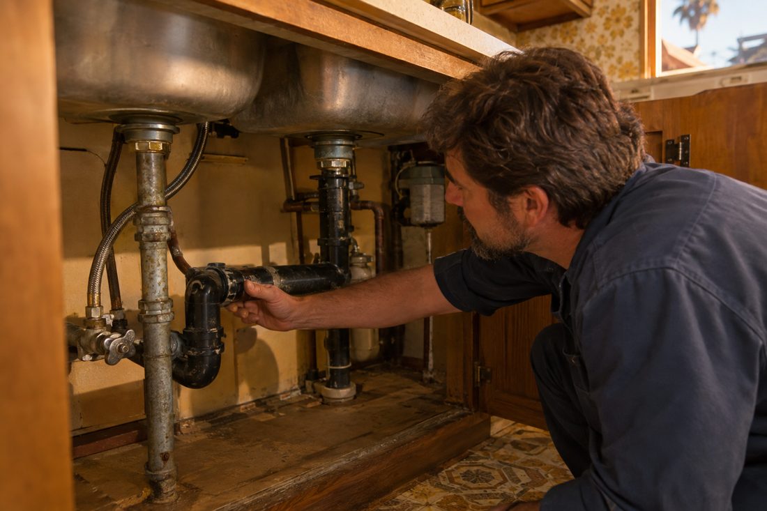 Close view of a plumber inspecting pipe connections beneath a kitchen sink in an older Shadowridge home in Shadowridge, CA