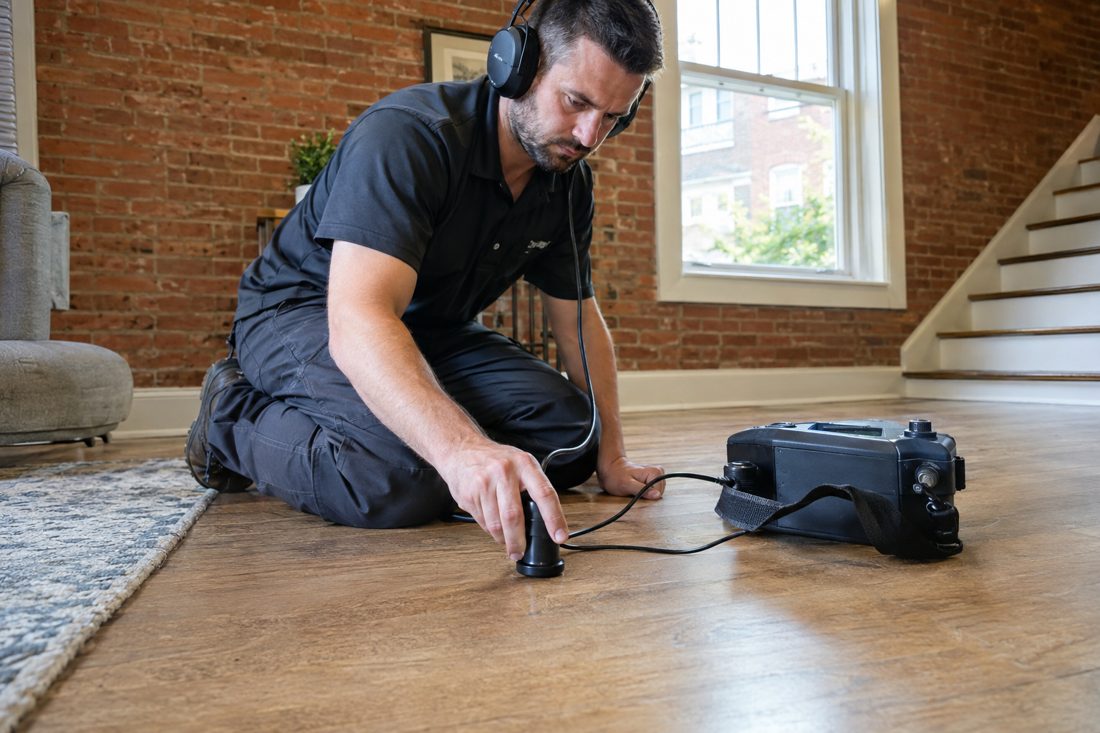 A slab leak detection with acoustic listening equipment on a floor at a red-brick Cincinnati home with a basement in Cincinnati, OH