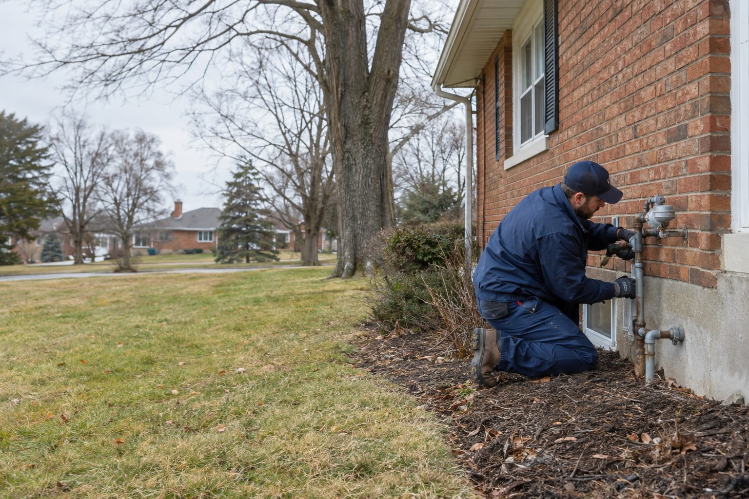 A licensed plumber checks an exterior water line beside a postwar brick ranch in College Hill on a clear winter afternoon in College Hill, OH
