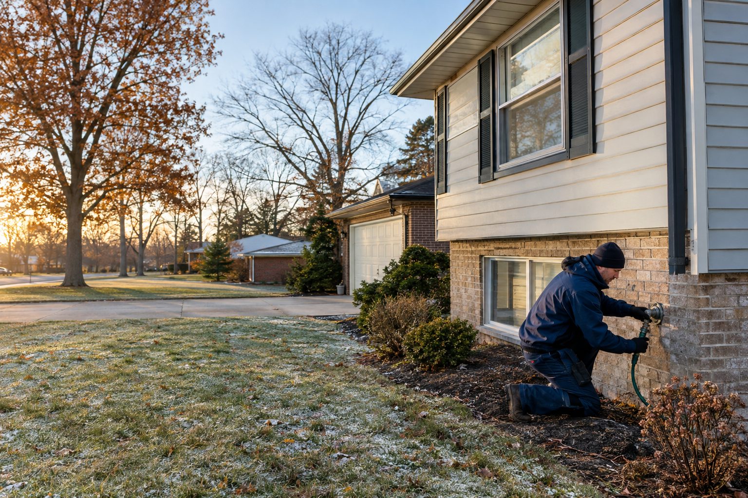 A plumber checks an exterior hose connection at a Forest Park split-level home on a cold, clear winter morning in Forest Park, OH