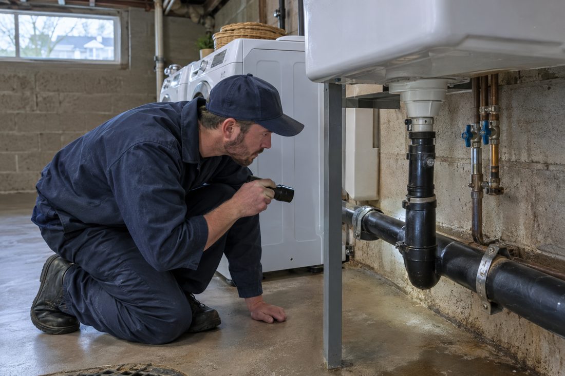 Close view of a plumber inspecting a basement drain line beneath updated laundry fixtures in an older Greenhills house in Greenhills, OH