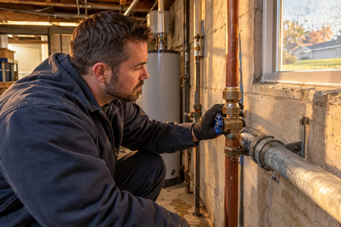 Close view of a plumber inspecting a basement water line and shutoff valve inside a Springdale ranch utility area in Springdale, OH