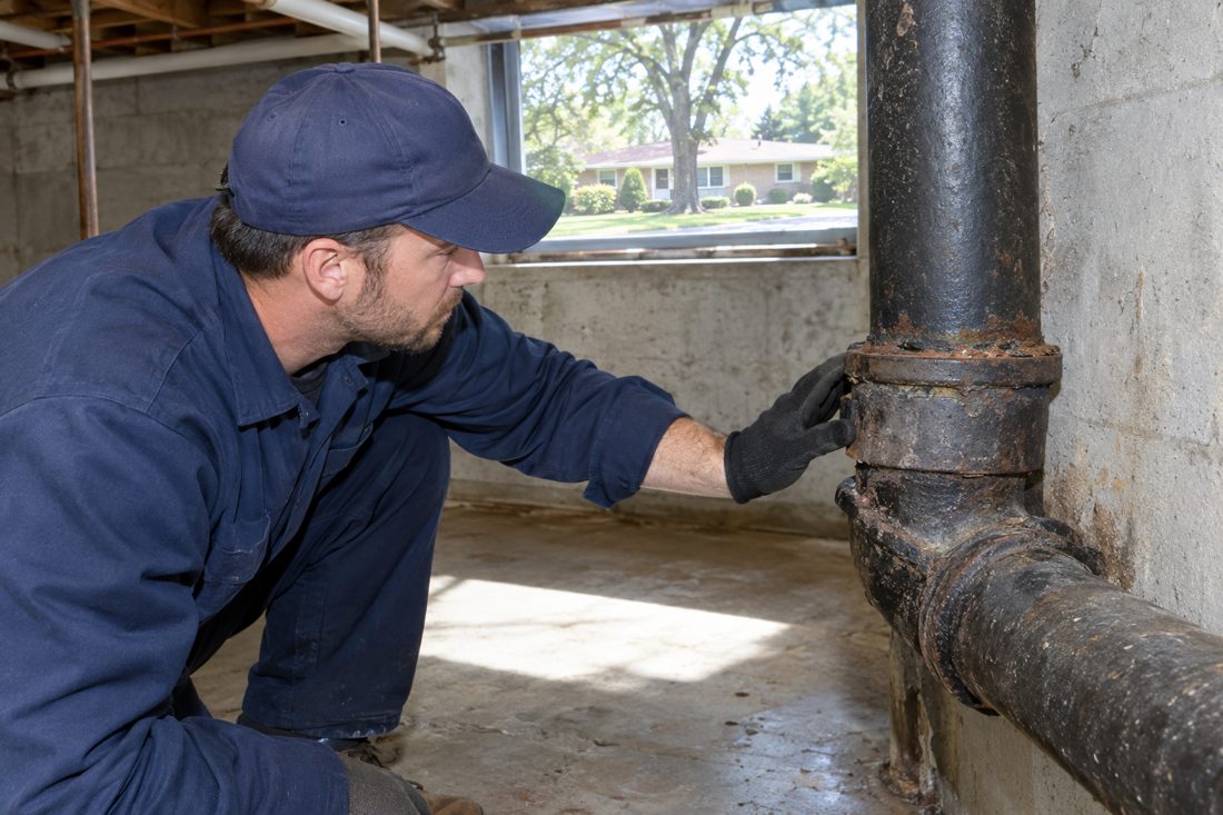 A close view of a plumber inspecting an older cast iron drain connection in the basement of a Kettering ranch in Kettering, OH
