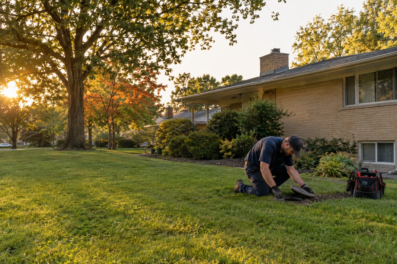 A plumber checks an exterior sewer cleanout beside a mid-century Kettering ranch, with a tool bag on the lawn in Kettering, OH