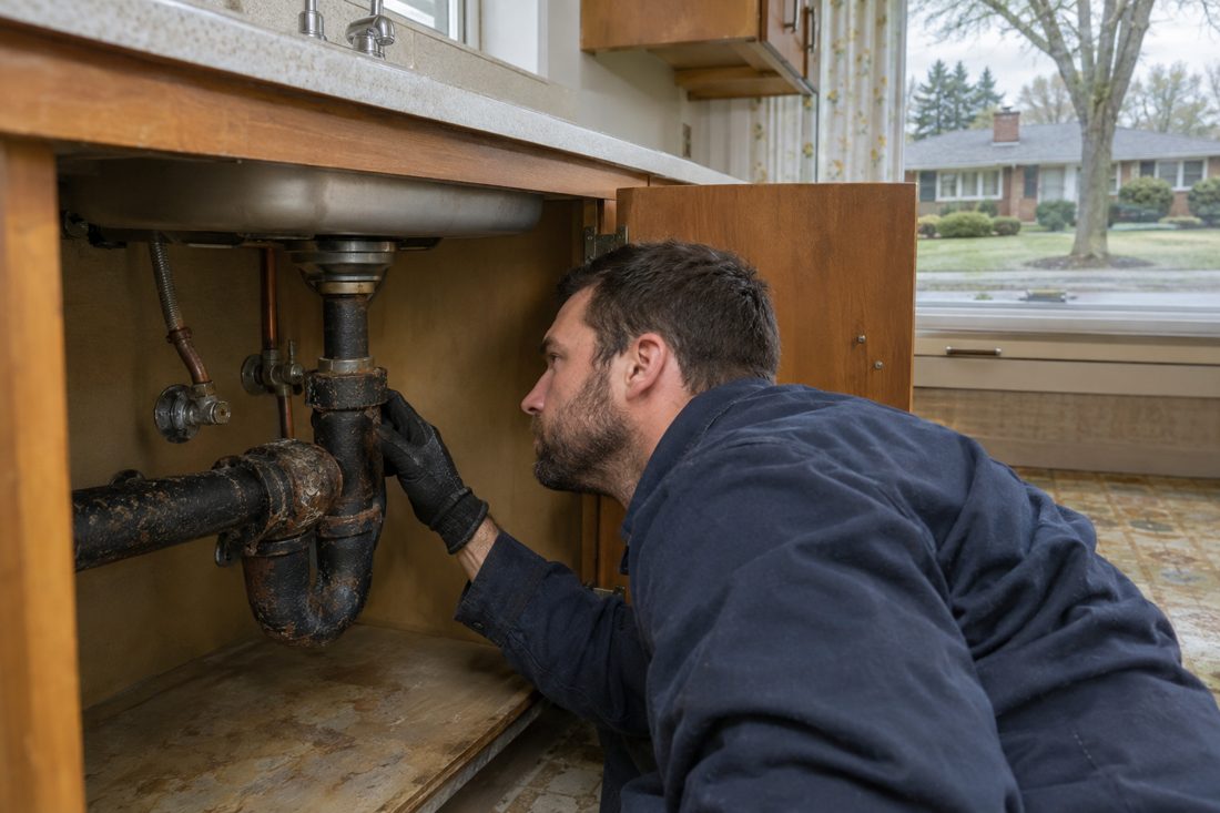 Close view of a plumber inspecting an older cast iron drain connection beneath a kitchen sink in a Moraine ranch home in Moraine, OH