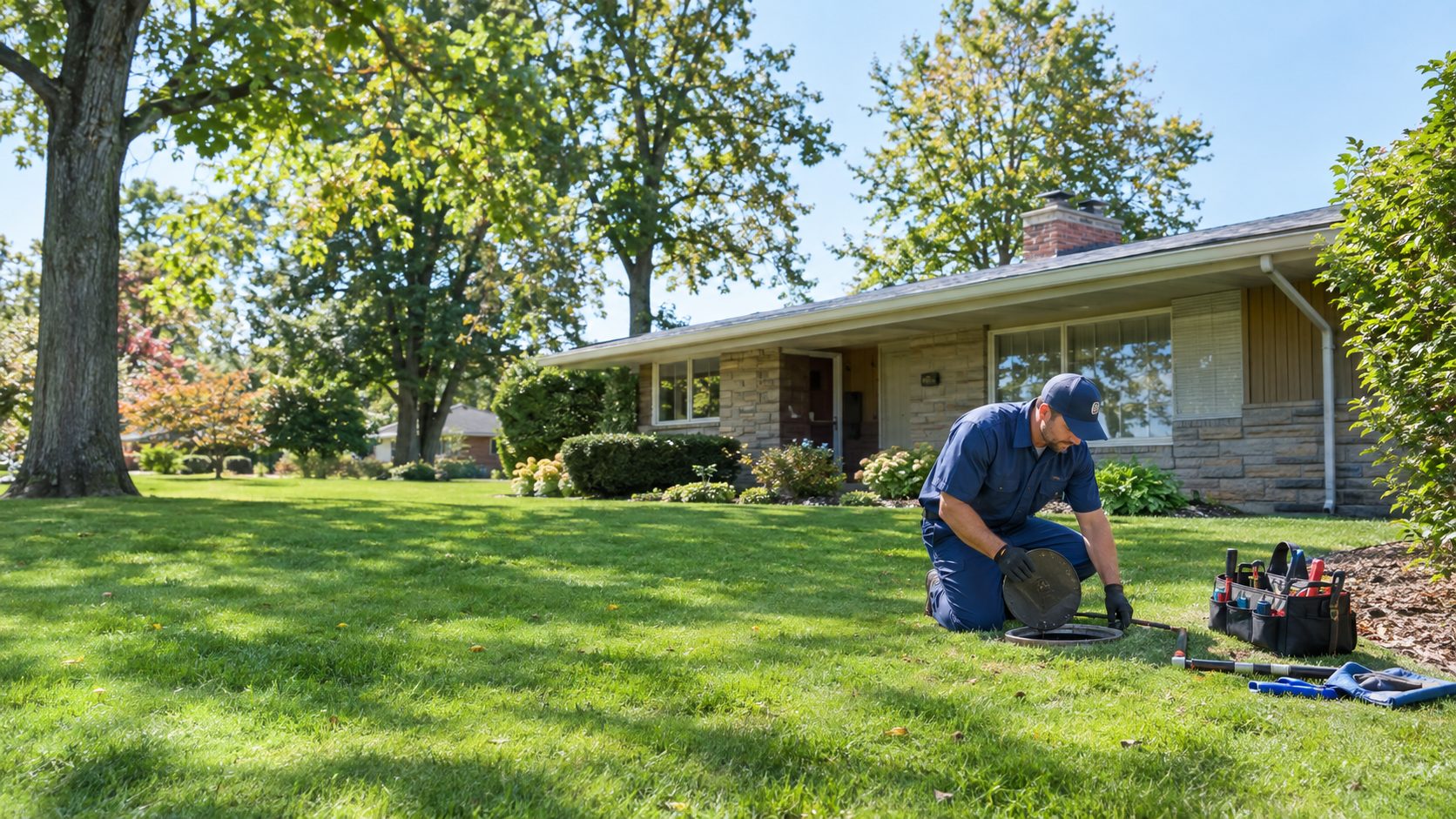 A licensed plumber checks an outdoor sewer cleanout beside a mid-century Moraine ranch, with tools arranged neatly on the lawn in Moraine, OH