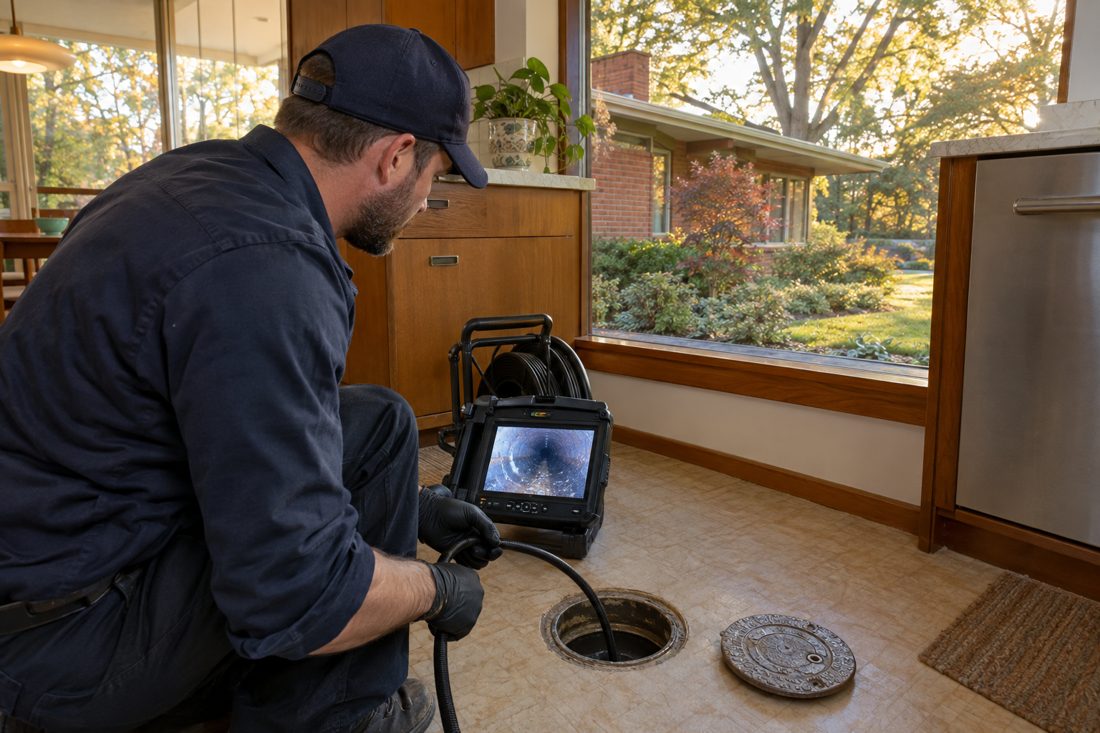 A plumber uses a camera inspection at an accessible drain connection inside a mid-century Oakwood home in Oakwood, OH