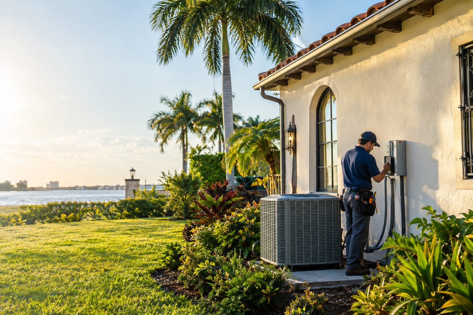 A technician checking a disconnect box beside the AC unit at a historic Spanish-style house with a barrel-tile roof in El Cid, FL