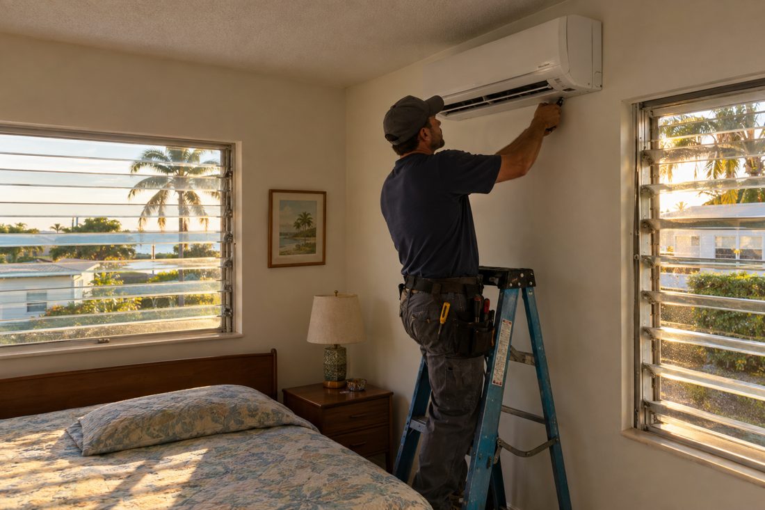 A mini-split head mounted high on a bedroom wall inside a modest 1960s block home with jalousie windows in Riviera Beach, FL