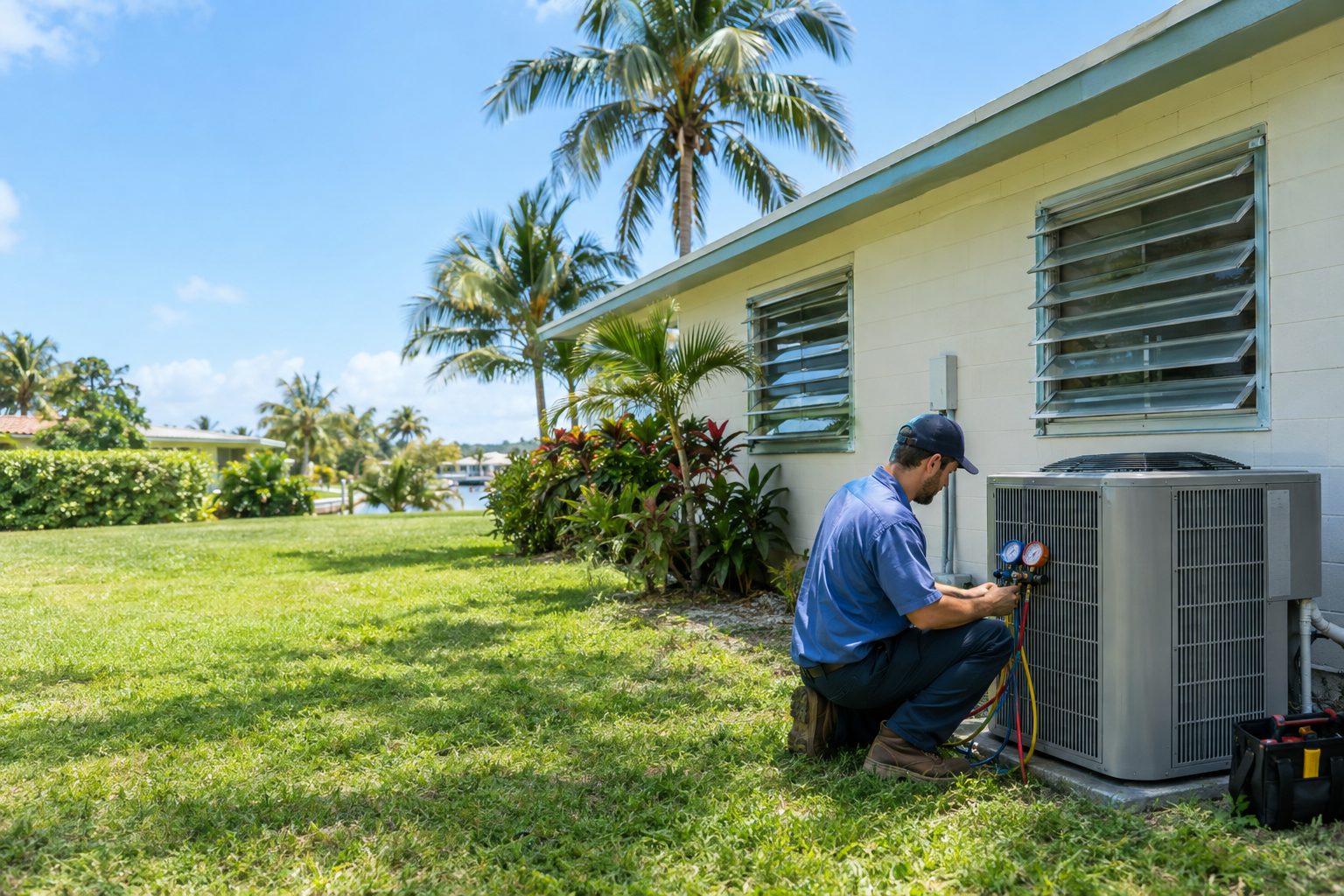 A technician kneeling beside the outdoor AC with gauges at a modest 1960s block home with jalousie windows in Riviera Beach, FL