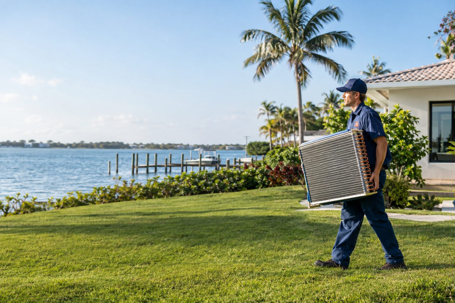 A technician carrying a new condenser coil across the lawn at a waterfront ranch home in North Palm Beach, FL