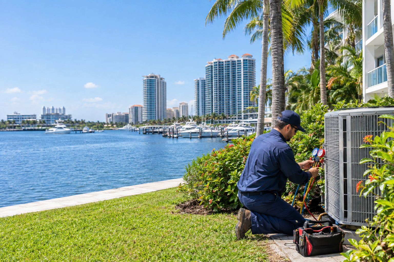 A technician kneeling beside the outdoor AC with gauges at a waterfront high-rise condo with a marina view in Old Port Cove, FL