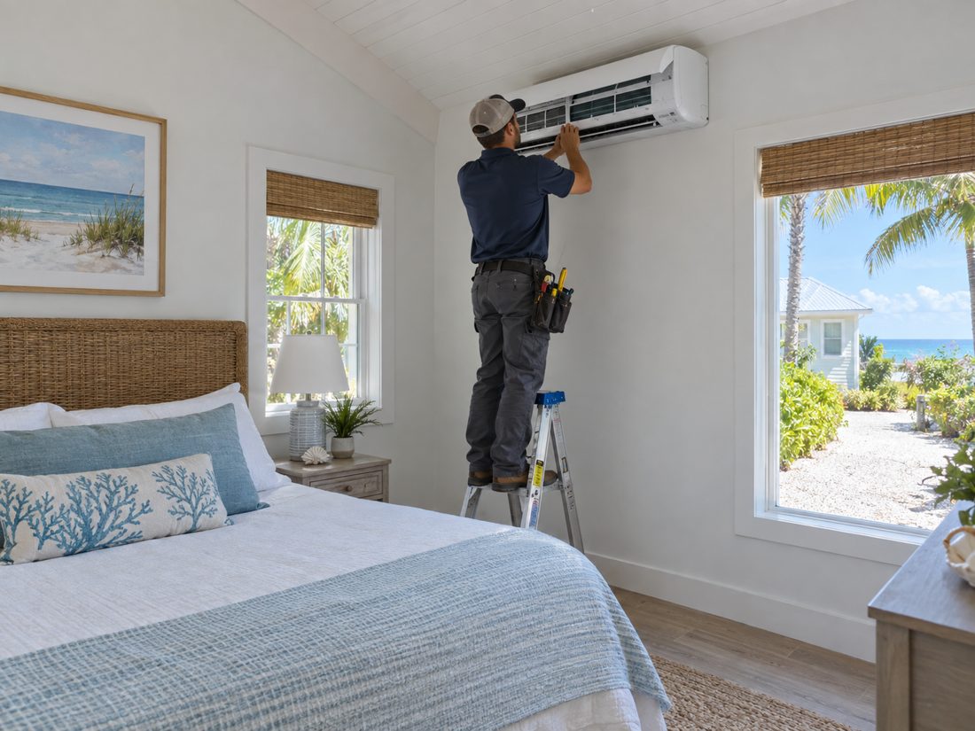 A mini-split head mounted high on a bedroom wall inside a single-story beach cottage with a shell driveway in Juno Beach, FL