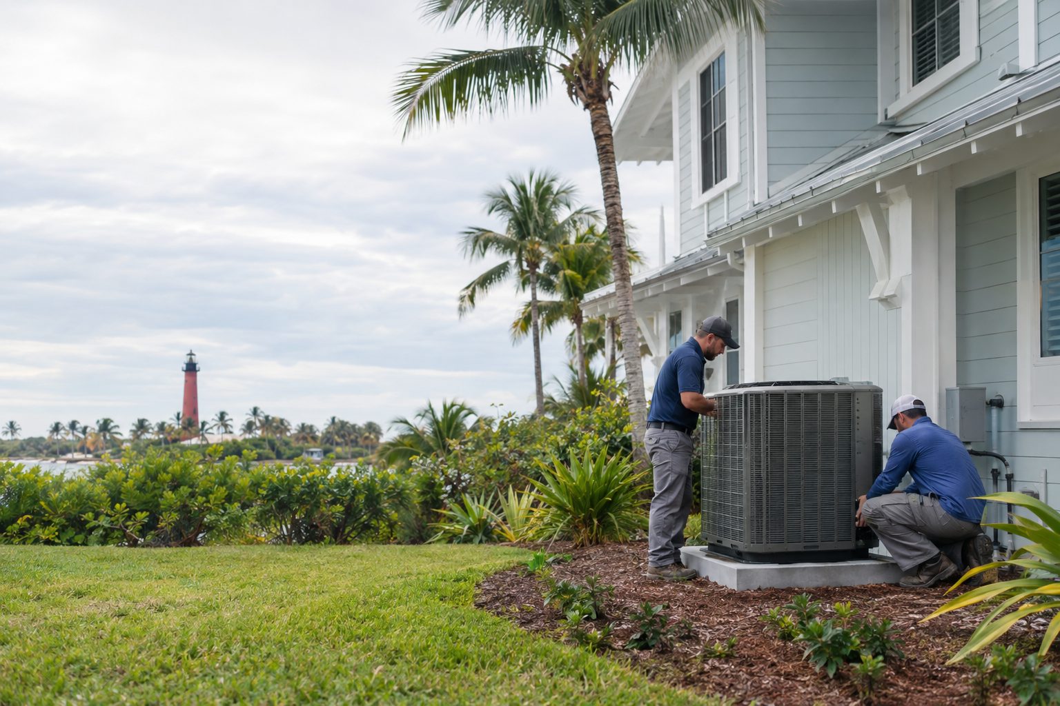 Two technicians setting a new heat pump on a raised pad at a two-story Old Florida style home with a tin roof near the lighthouse area in Jupiter, FL
