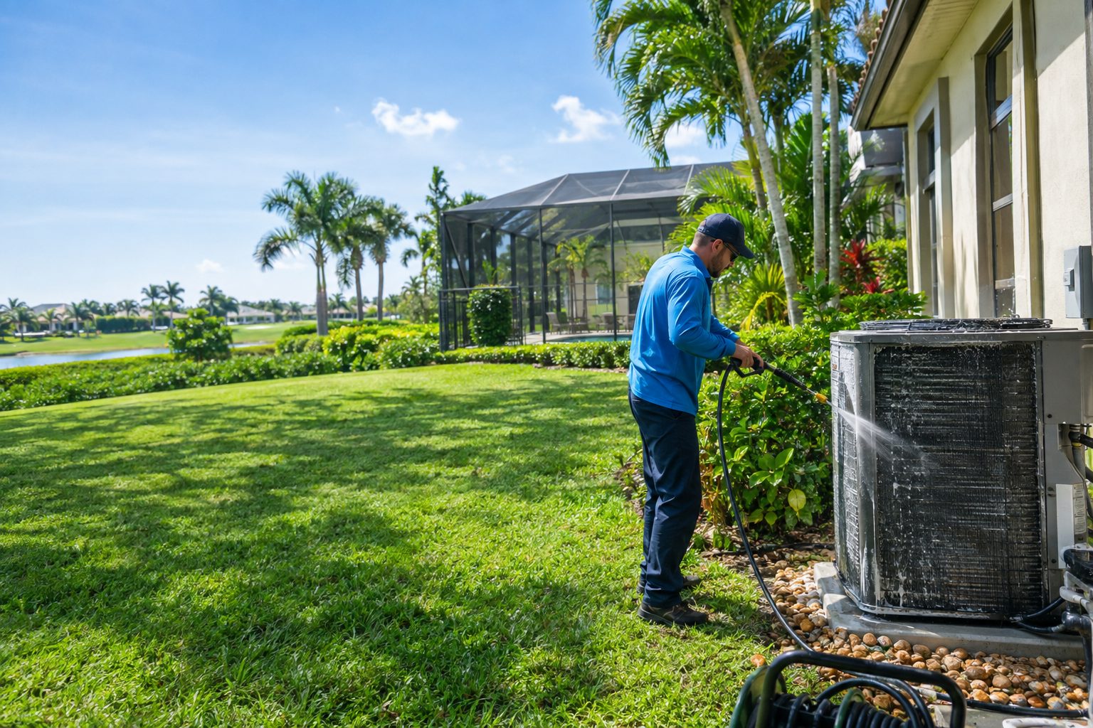 A tech hosing off salt-crusted condenser coils at a large golf-course home with a screened pool cage in Mirasol, FL