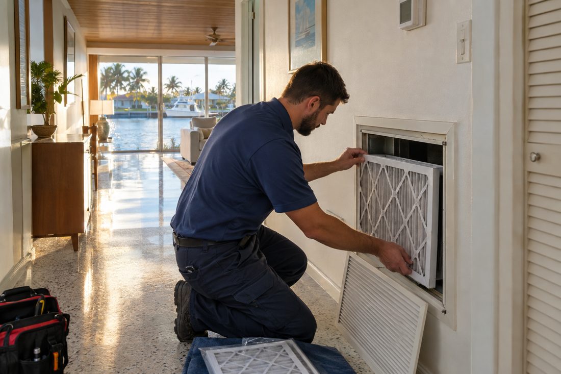 A technician replacing a pleated filter at a hallway return grille inside a mid-century waterfront ranch home on a canal in North Palm Beach, FL