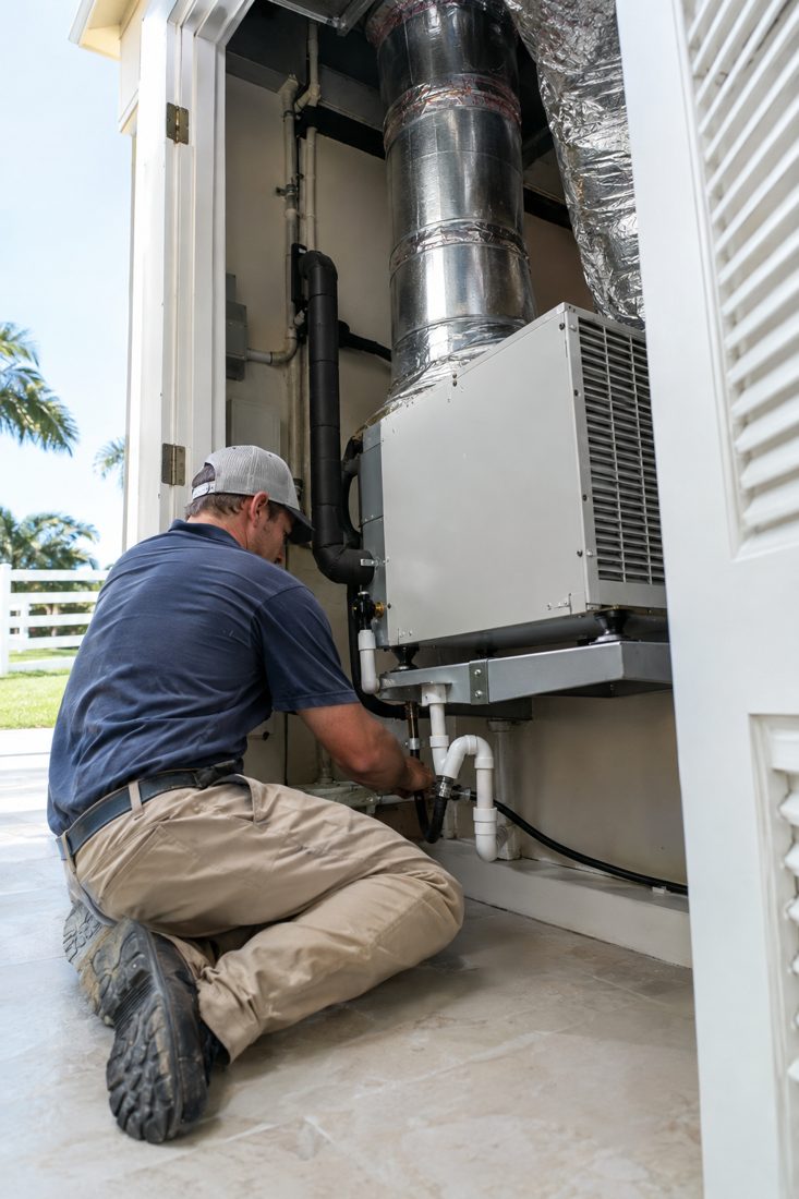 A dehumidifier unit tied into ductwork in a utility closet at a equestrian-area estate home with white fencing in Wellington, Florida in Wellington, FL