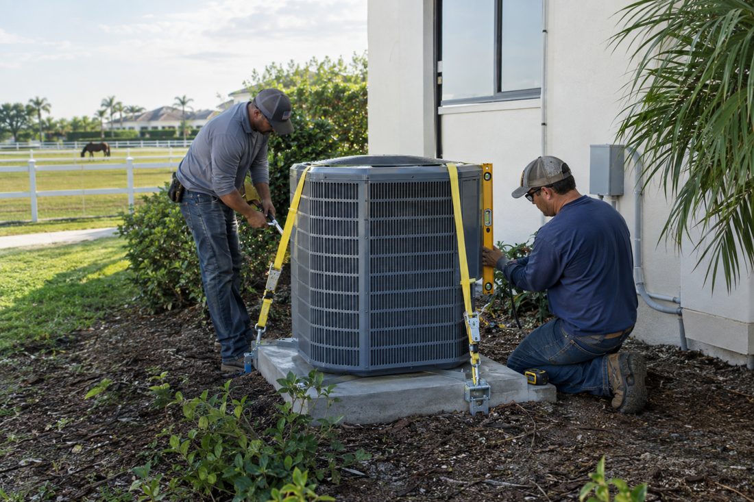 A new AC condenser being leveled on a hurricane-rated pad with tie-down straps at a equestrian-area estate home with white fencing in Wellington, Florida in Wellington, FL