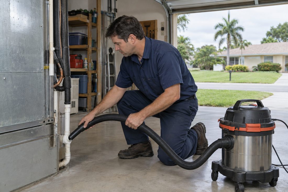 A technician clearing a condensate line with a wet vac in a garage inside a tidy 1980s suburban home with a lawn in Greenacres, FL