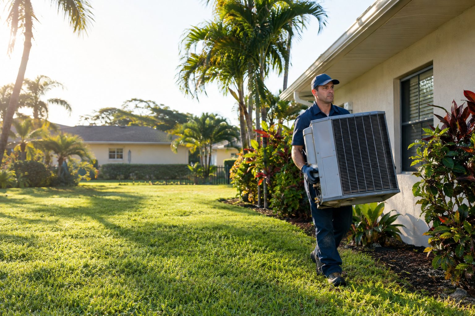 An HVAC technician carrying a new condenser across the side yard at a tidy 1980s suburban home with a lawn in Greenacres, FL