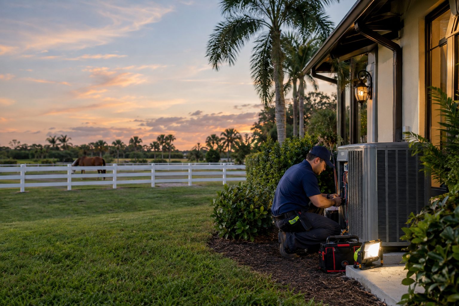 A technician at a rooftop or side-yard unit at dusk with a work light at a equestrian-area estate home with white fencing in Wellington, Florida in Wellington, FL