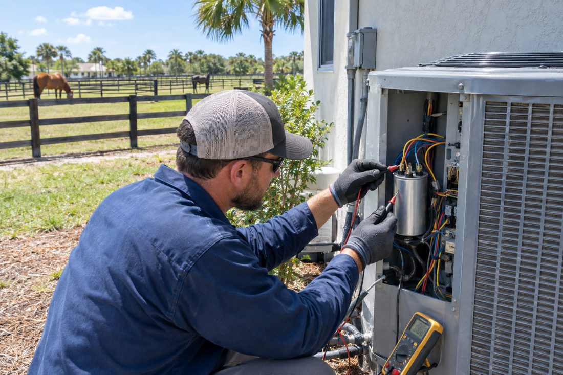 A technician checking a capacitor inside the condenser panel inside a rural ranch home on acreage with horse paddocks in Loxahatchee, FL