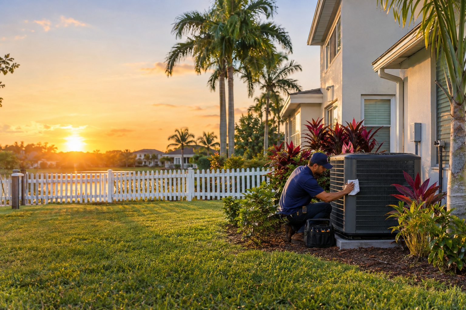 A tech wiping down a freshly installed condenser at dusk at a newer two-story family home with a white picket fence in Olympia, FL