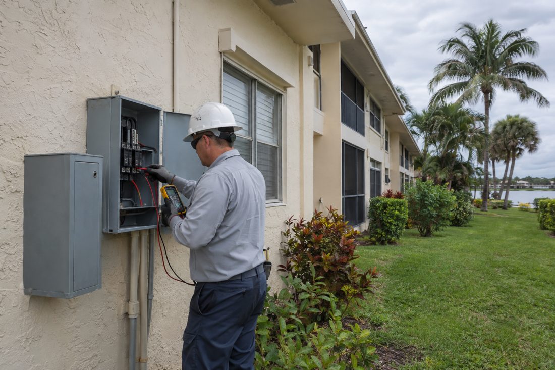 A technician checking voltage on a disconnect box outside at a 1970s low-rise condo building in Boynton Beach, FL