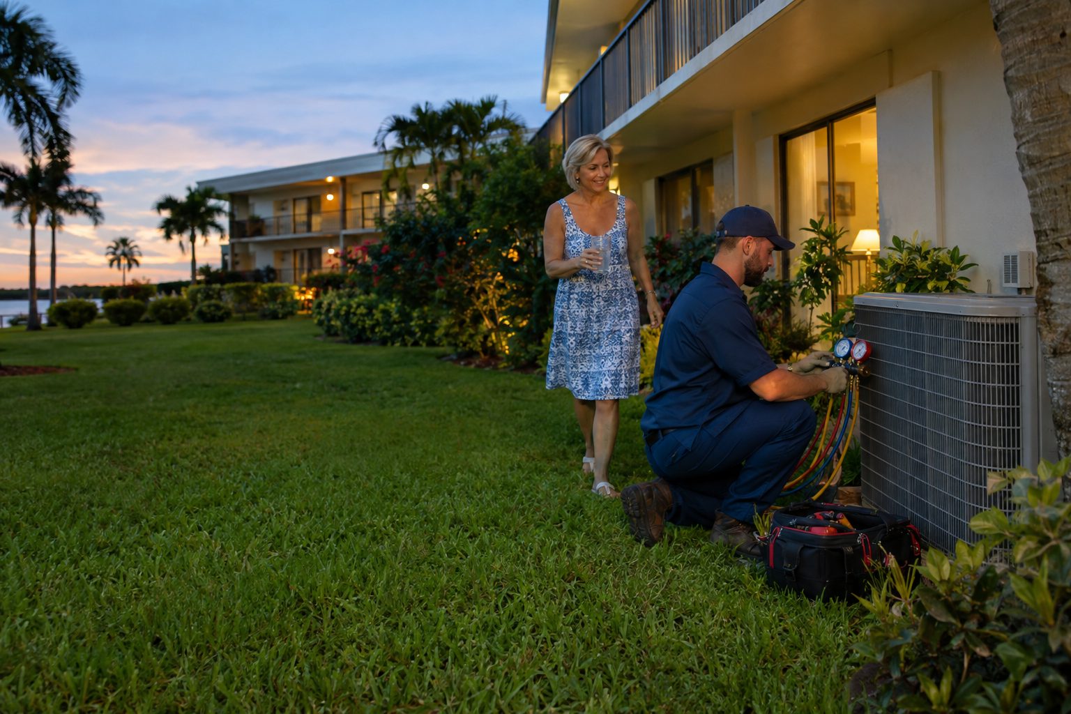 A technician kneeling beside the AC with gauges, homeowner bringing him water at a 1970s low-rise condo building in Boynton Beach, FL